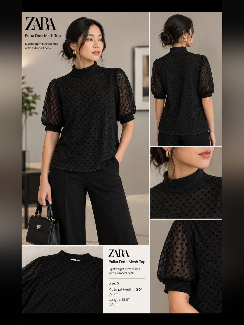 ZARA Black Polka Dot Mesh Top